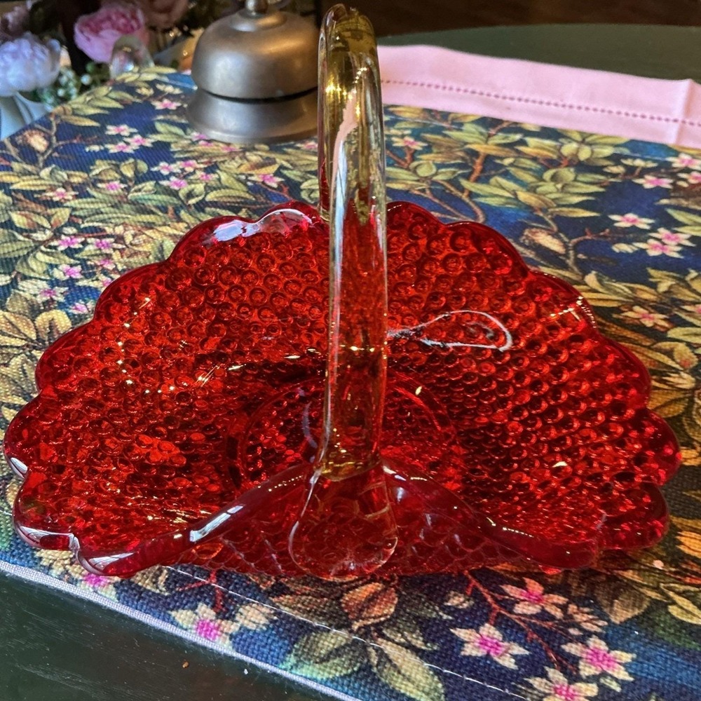 VTG 8" Fenton Amberina Hobnail Basket w/ Applied Handle Crimped Rim